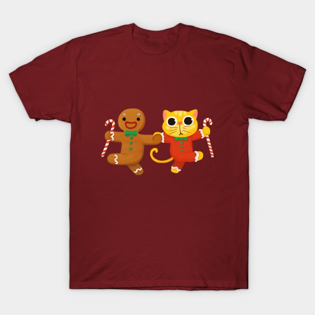 Christmas Cat Dance with Gingerbread Man T-Shirt by BBvineart